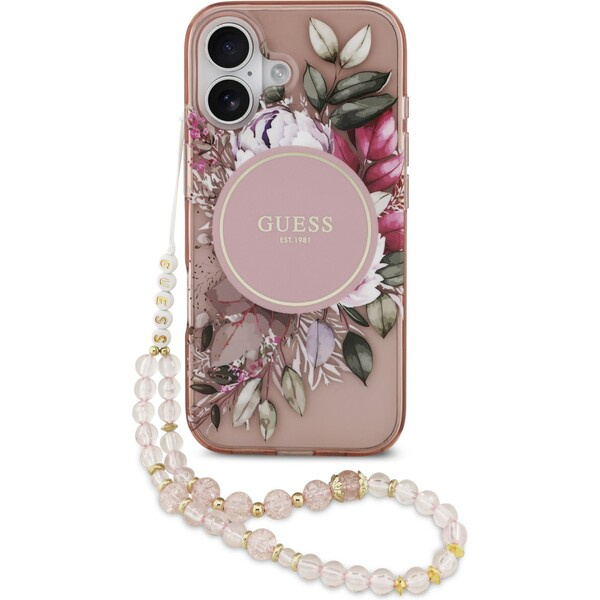 Guess IML Flowers Strap MagSafe kryt iPhone 17 růžový