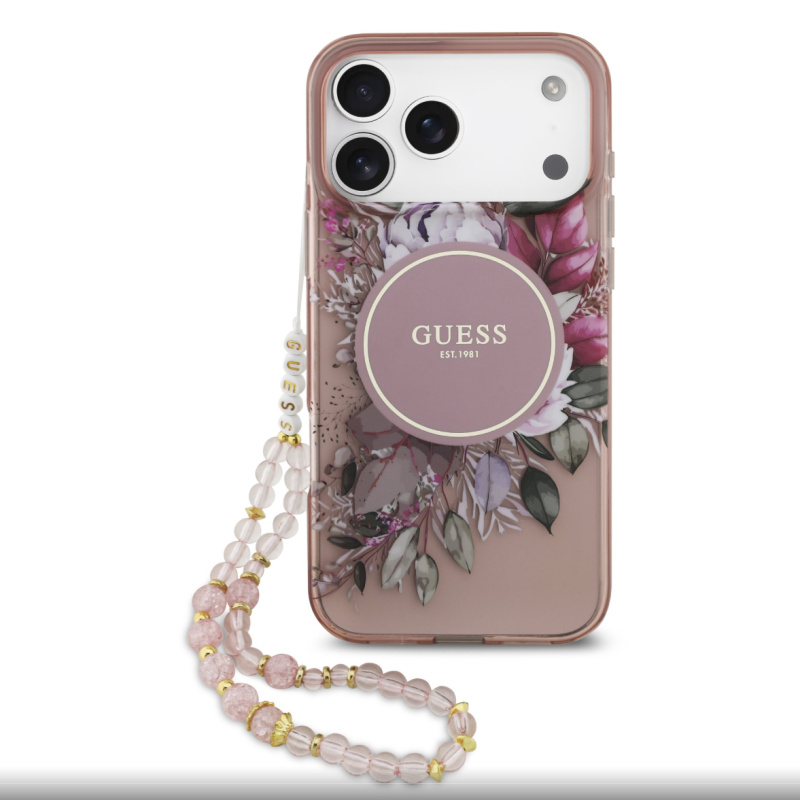 Guess IML Flowers Strap MagSafe kryt iPhone 17 Pro Max růžový
