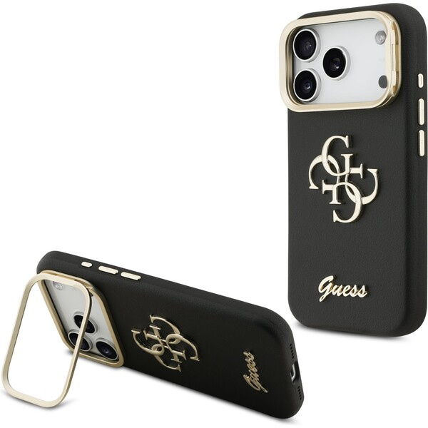 Guess PU Grained 4G Logo Stand Camera Frame kryt iPhone 17 Pro černý