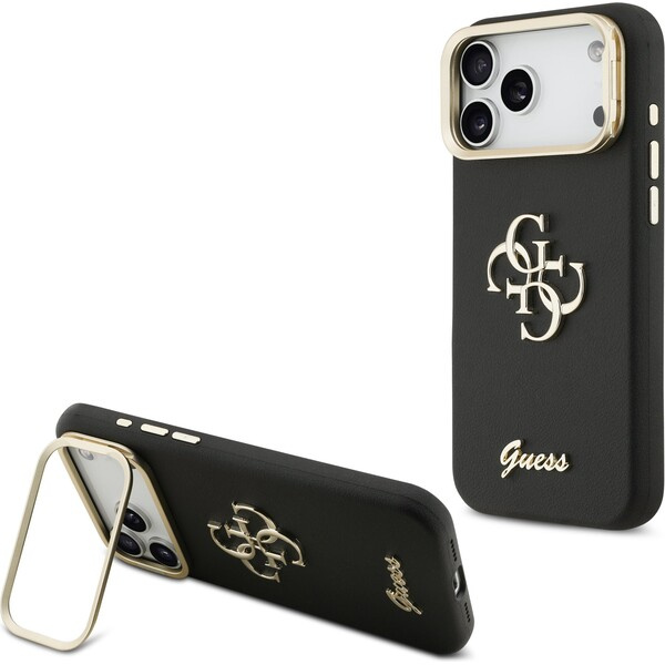 Guess PU Grained 4G Logo Stand Camera Frame kryt iPhone 17 Pro Max černý