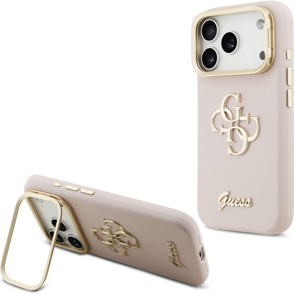 Guess PU Grained 4G Logo Stand Camera Frame kryt iPhone 17 Pro růžový