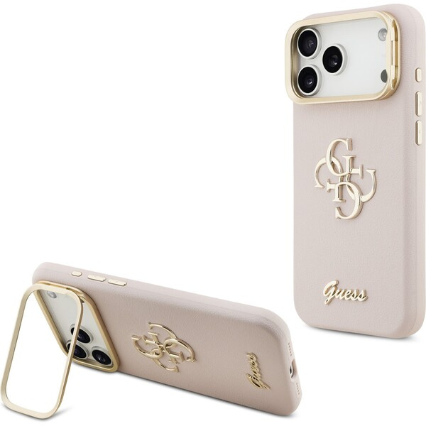 Guess PU Grained 4G Logo Stand Camera Frame kryt iPhone 17 Pro Max růžový
