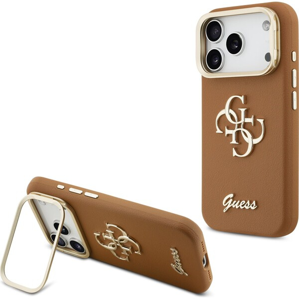 Guess PU Grained 4G Logo Stand Camera Frame kryt iPhone 17 Pro hnědý
