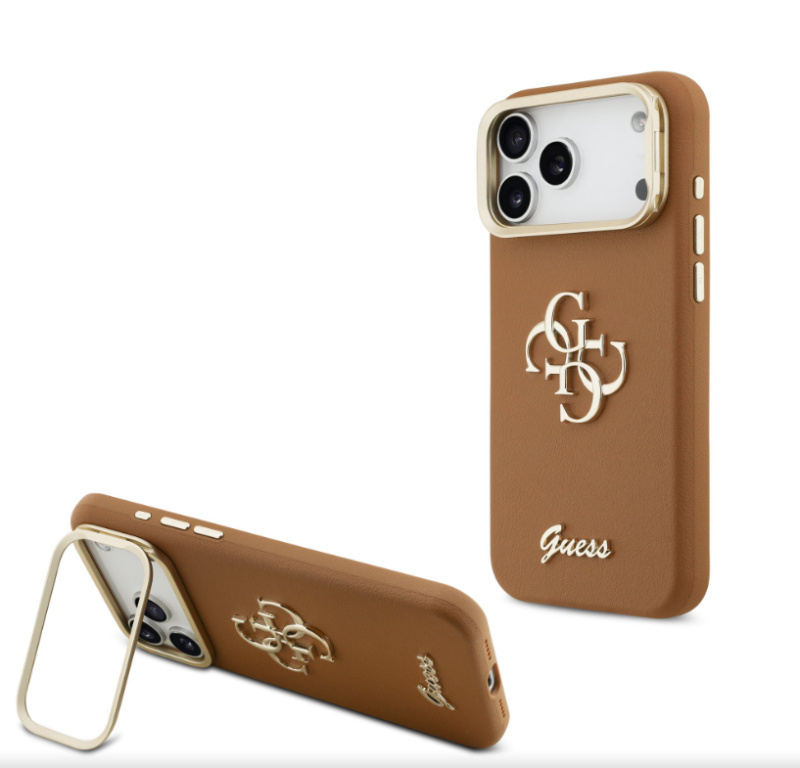 Guess PU Grained 4G Logo Stand Camera Frame kryt iPhone 17 Pro Max hnědý