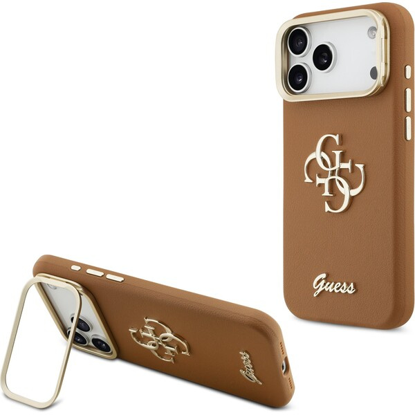 Guess PU Grained 4G Logo Stand Camera Frame kryt iPhone 17 Pro Max hnědý