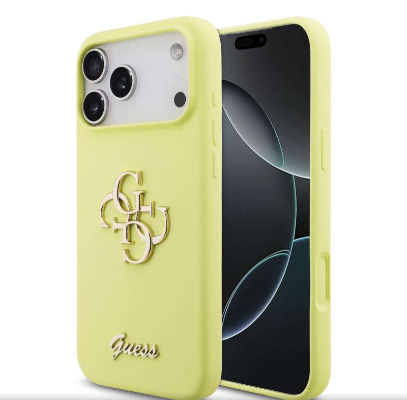 Guess Liquid Silicone 4G Metal Logo kryt iPhone 17 Pro Max žlutý