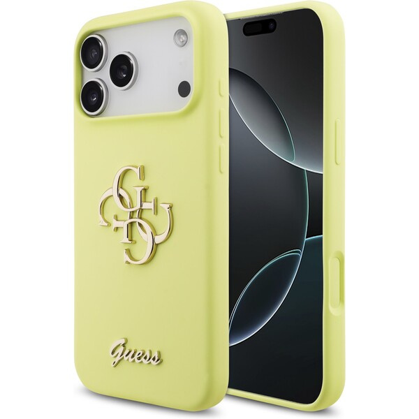 Guess Liquid Silicone 4G Metal Logo kryt iPhone 17 Pro Max žlutý