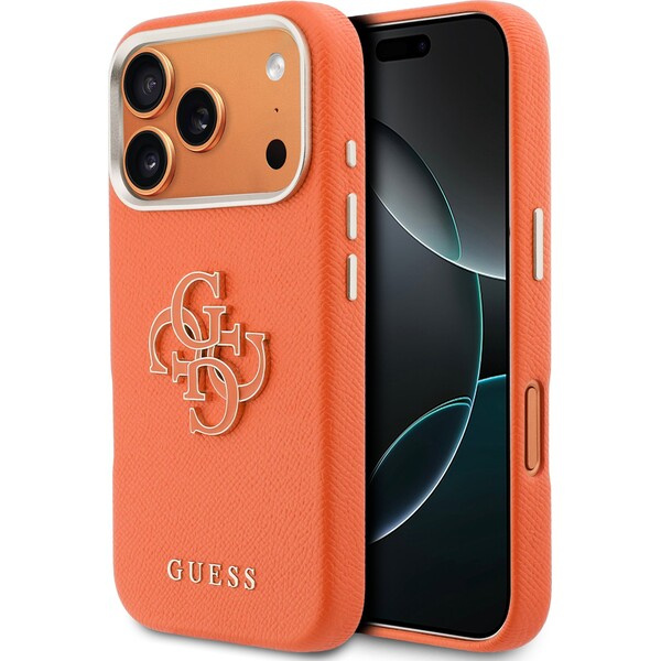 Guess PU Resin Logo kryt iPhone 17 Pro Max oranžový