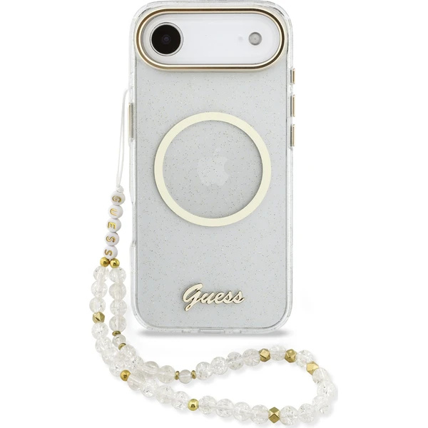 Guess IML Glitter Script Strap MagSafe Zadní Kryt pro iPhone Air Transparent