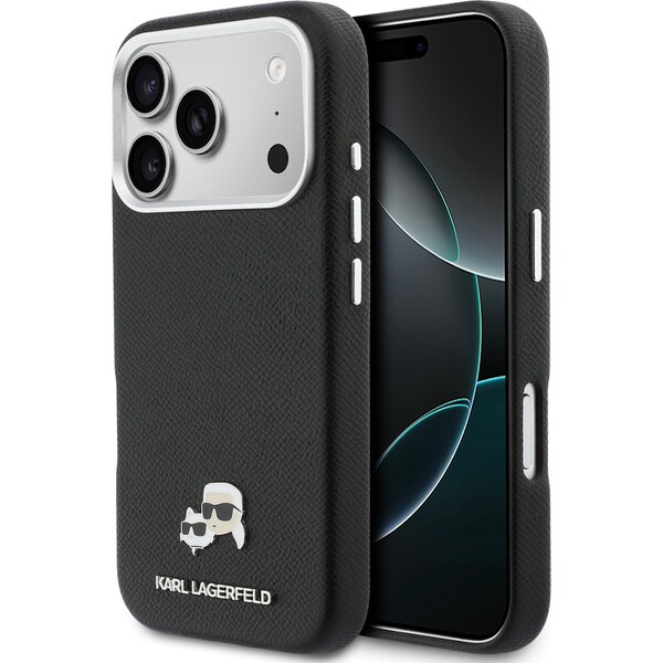 Karl Lagerfeld PU Karl and Choupette Heads Pins MagSafe kryt iPhone 17 Pro černý