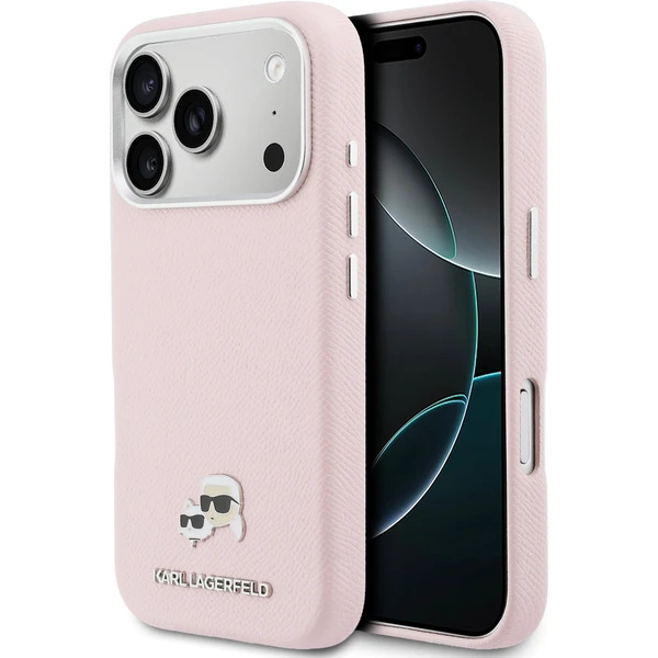 Karl Lagerfeld PU Karl and Choupette Heads Pins MagSafe kryt iPhone 17 Pro Max růžový