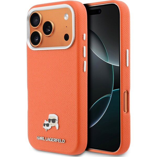 Karl Lagerfeld PU Karl and Choupette Heads Pins MagSafe kryt iPhone 17 Pro oranžový