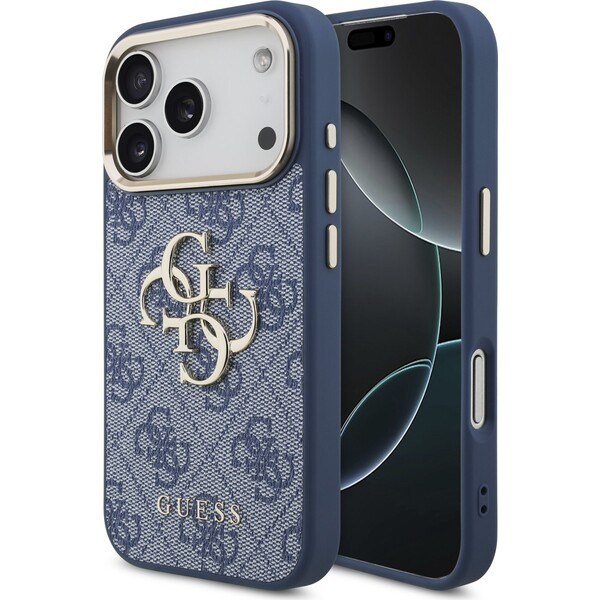 Guess PU Leather 4G Metal Logo Gold Frame kryt iPhone 18 Pro modrý