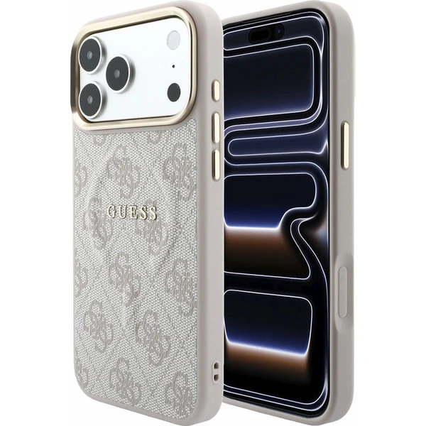Guess PU Leather 4G Gold Frame Embossed MagSafe kryt iPhone 18 Pro Max růžový