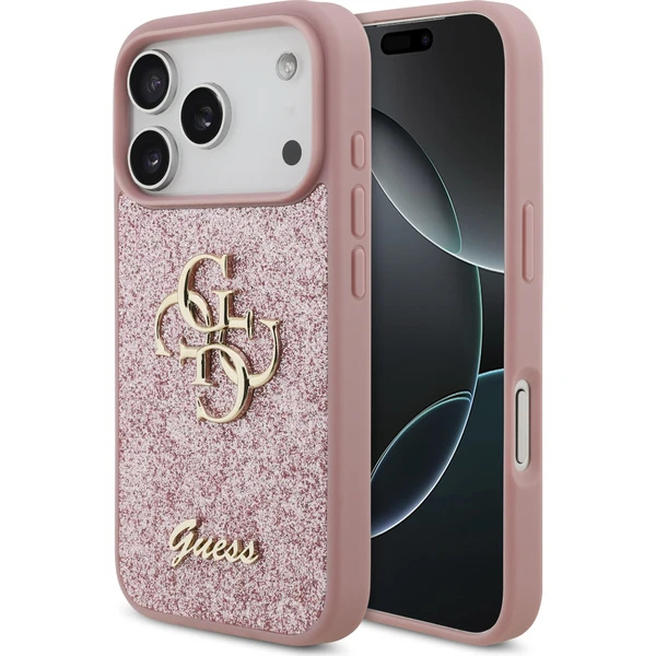 Guess PU Fixed Glitter 4G Metal Logo kryt iPhone 18 Pro růžový