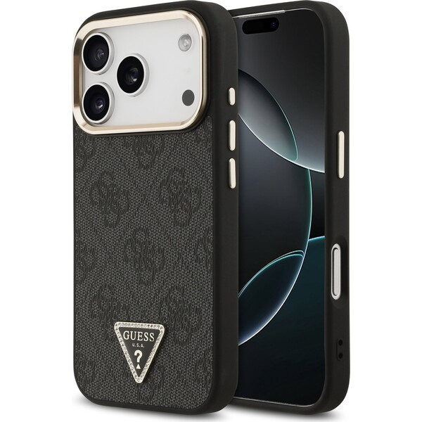 Guess PU Leather 4G Strass Triangle Logo Gold Frame MagSafe kryt iPhone 18 Pro černý