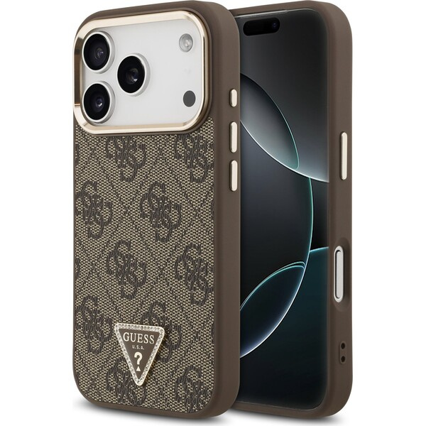 Guess PU Leather 4G Strass Triangle Logo Gold Frame MagSafe kryt iPhone 18 Pro hnědý
