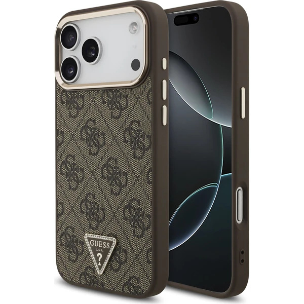 Guess PU Leather 4G Strass Triangle Logo Gold Frame MagSafe kryt iPhone 18 Pro Max hnědý