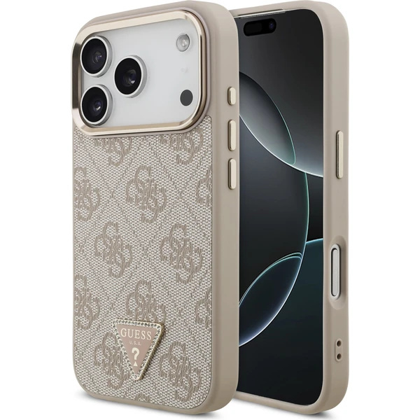 Guess PU Leather 4G Strass Triangle Logo Gold Frame MagSafe kryt iPhone 18 Pro růžový