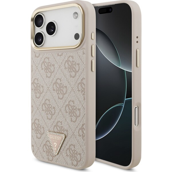 Guess PU Leather 4G Strass Triangle Logo Gold Frame MagSafe kryt iPhone 18 Pro Max růžový
