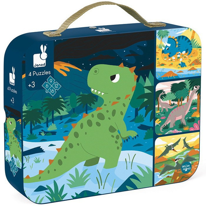 Puzzle v kufříku - Dinosauři 4v1, 43 dílků (Janod)