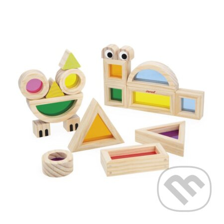 Janod Sensory Drevená stavebnica s farebnými sklíčkami a predlohami 12 ks
