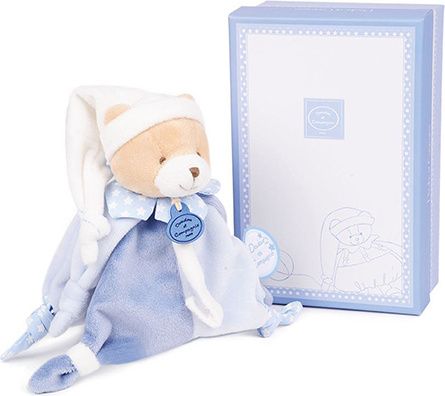 Doudou et Compagnie medvedík s klipom na cumlík Ours Petit Chou Doudou Dummy Holder v darčekovom balení modrý DC2714 17 cm