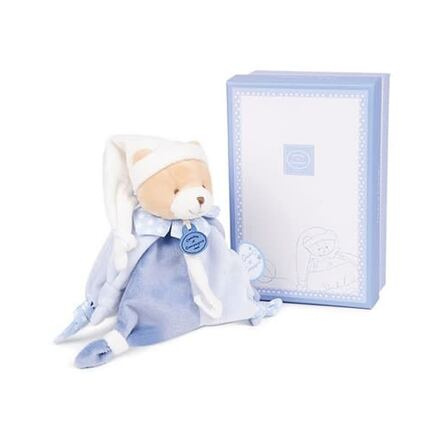 Doudou et Compagnie medvedík s klipom na cumlík Ours Petit Chou Doudou Dummy Holder v darčekovom balení modrý DC2714 17 cm