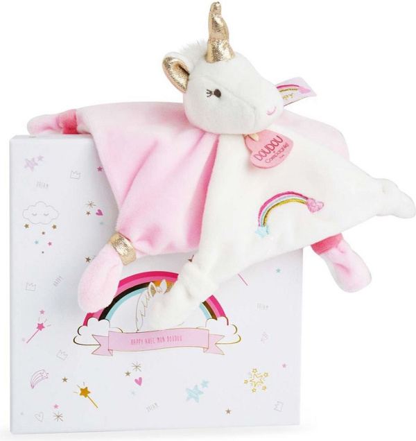 Doudou Dárková sada - plyšový muchláček jednorožec růžový 20 cm
