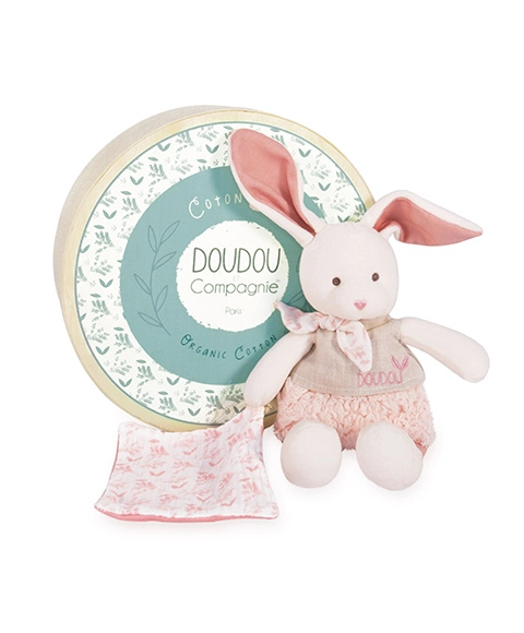 Doudou et Compagnie Paris Doudou Ecru králiček s růžovou dečkou z BIO bavlny 22 cm