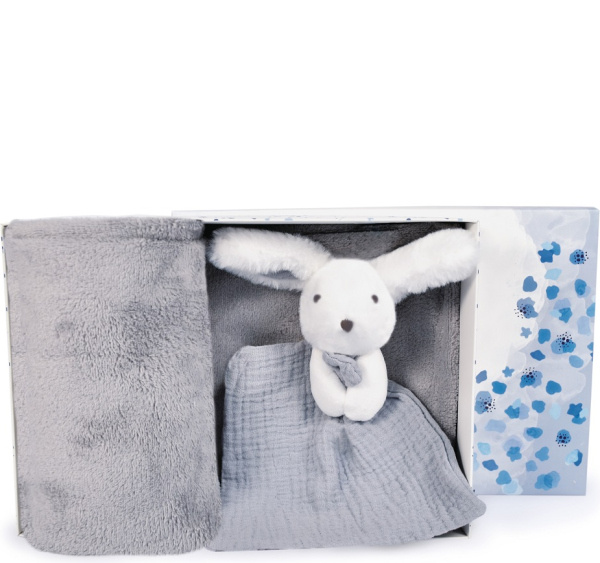 DouDou et Compagnie Paris dárková sada šťastný králíček pléd a modro šedý usínáček