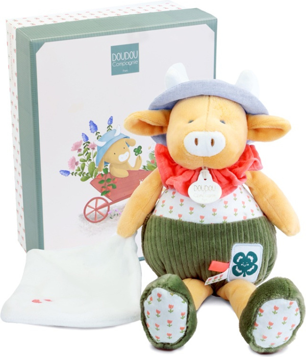 Doudou Dárková sada Plyšová kravička Aneth s dečkou zelená 28 cm