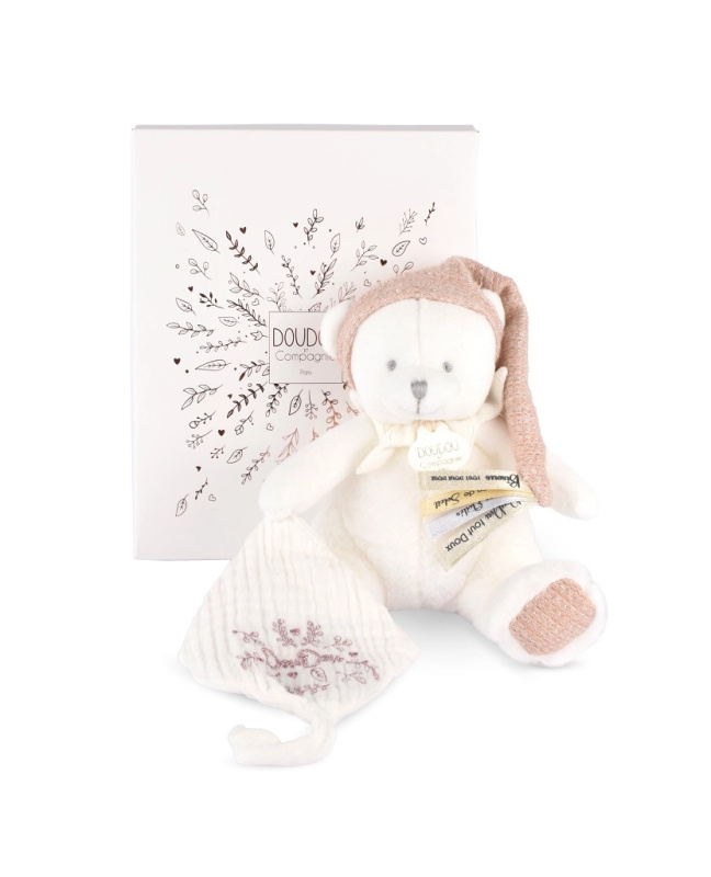 Doudou Dárková sada Plyšový medvídek s úchytem na dudlík a dečkou růžový 20 cm