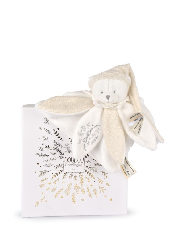 Doudou Dárková sada Plyšový muchláček medvídek s čepičkou 25 cm béžový