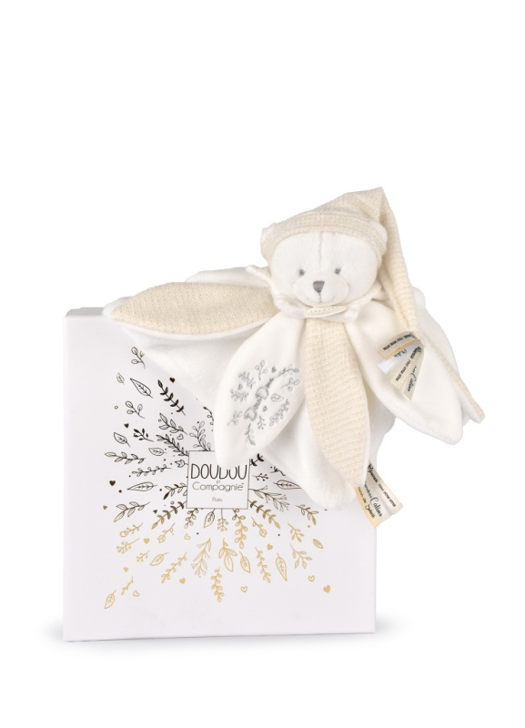 Doudou Dárková sada Plyšový muchláček medvídek s čepičkou 25 cm béžový