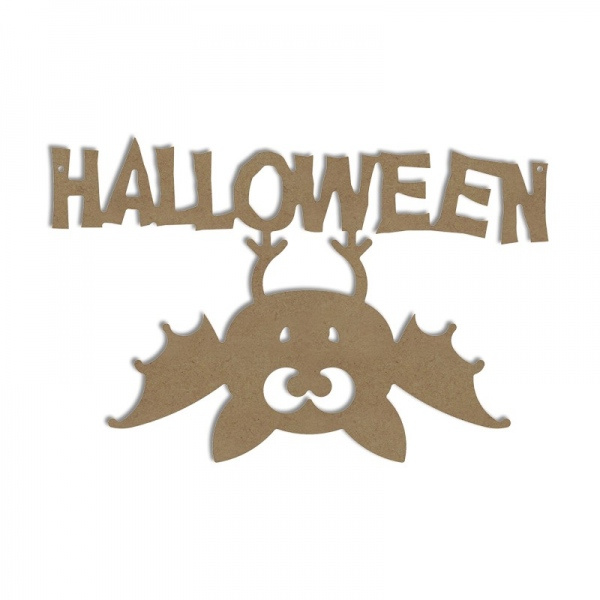 Dřevěný výřez k dekoraci Gomille závěsný, 36 x 23 cm – nápis Halloween s netopýrem Aladine