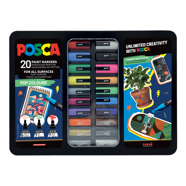 Posca sada popisovačů PC-1M/PC-3M/PC-5M, POP, PC-1M: 6 ks, PC-3M: 7 ks, PC-5M: 7 ks, mix barev (20 ks) POSCA