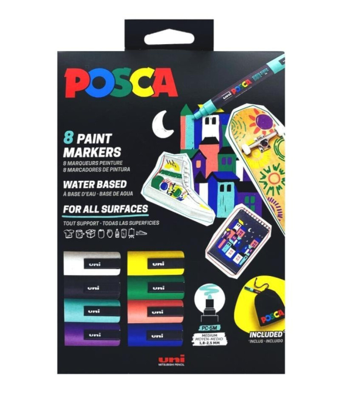 Posca sada popisovačů PC-5M, s bavlněným pytlíkem POSCA, 1,8 - 2,5 mm, mix barev (8 ks) POSCA