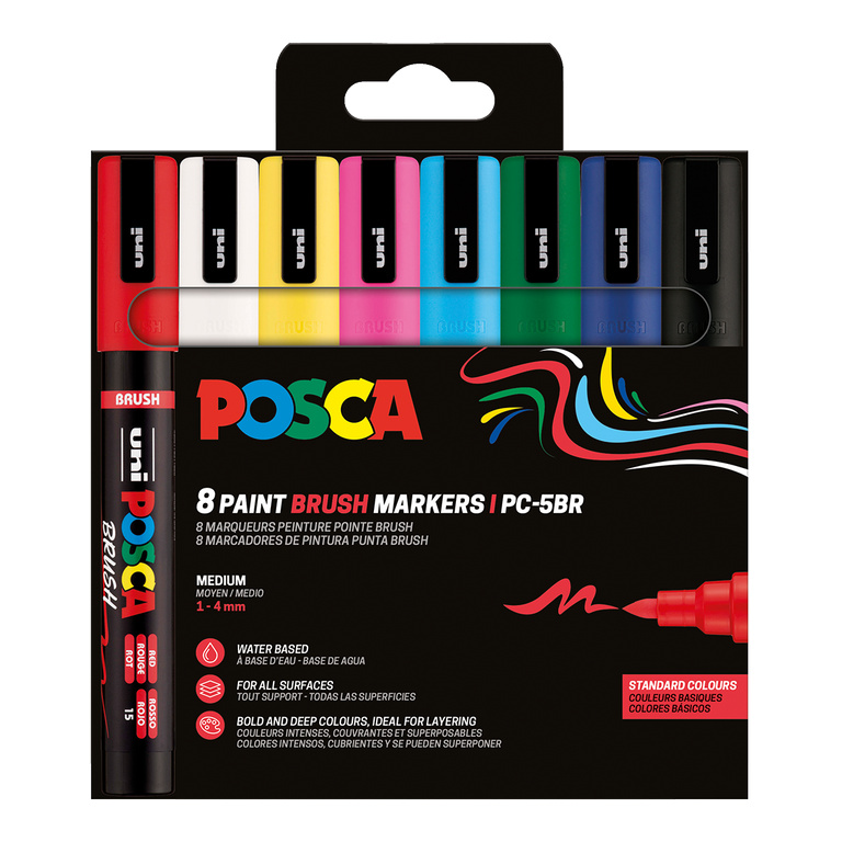 Sada štětcových popisovačů POSCA - PC-5BR, 1 - 4 mm, základní barvy - 8 ks