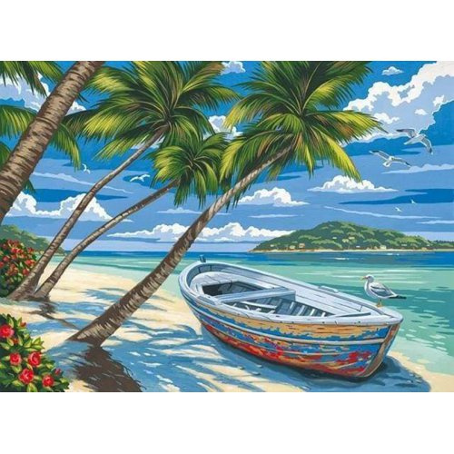 Figured ART Malování podle čísel - LOĎKA POD KOKOSOVÝMI PALMAMI bez rámu 40 x 50 cm
