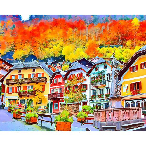 Figured ART Diamantové malování - BAREVNÁ EVROPSKÁ VESNICE NA PODZIM na rámu 40 x 50 cm