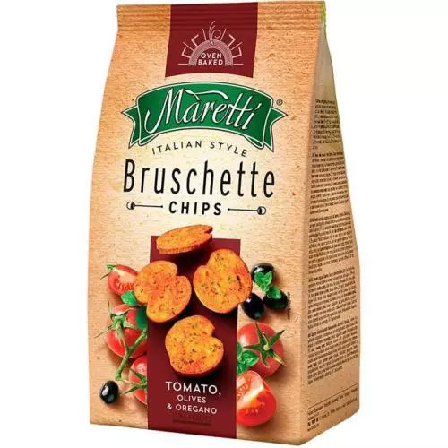 Maretti Bruschette Chips - pečené krekry - rajčata a olivy, 140 g
