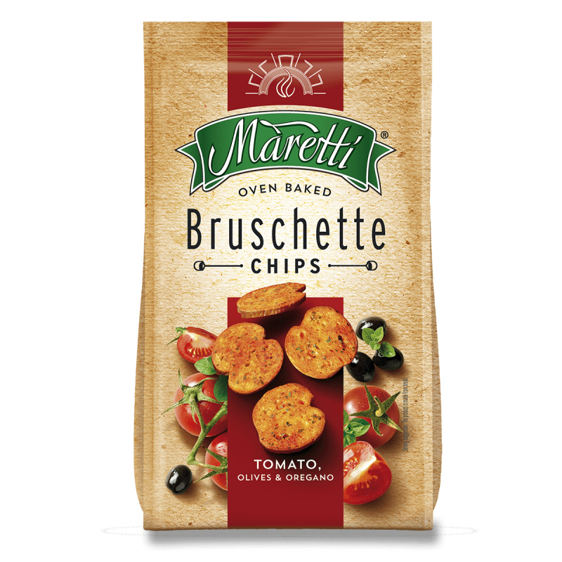 Maretti Bruschette Chips - pečené krekry - rajčata a olivy, 140 g