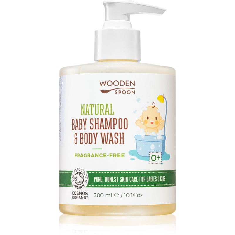 WoodenSpoon Dětský sprchový gel a šampon na vlasy 2v1 bez parfemace Wooden Spoon 300 ml