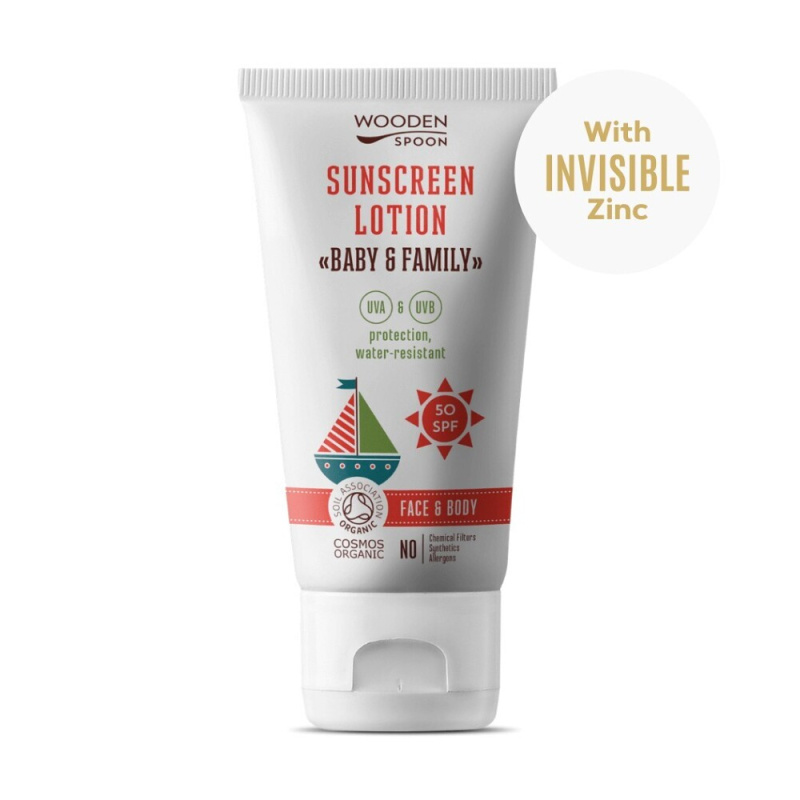 WoodenSpoon Opalovací tělové mléko v tubě Baby & Family SPF 50, 150 ml