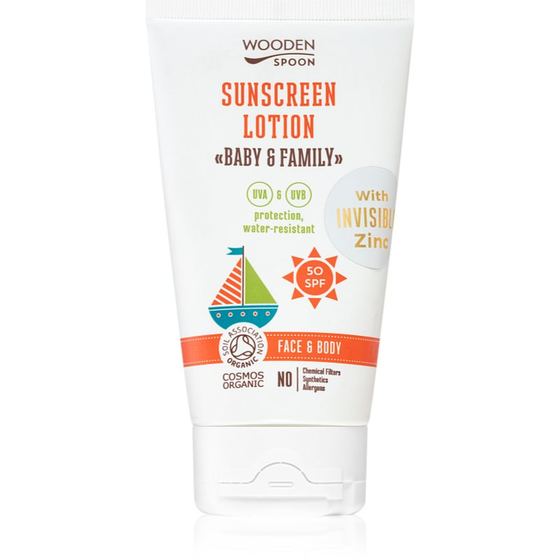 WoodenSpoon Opalovací tělové mléko v tubě Baby & Family SPF 50, 150 ml
