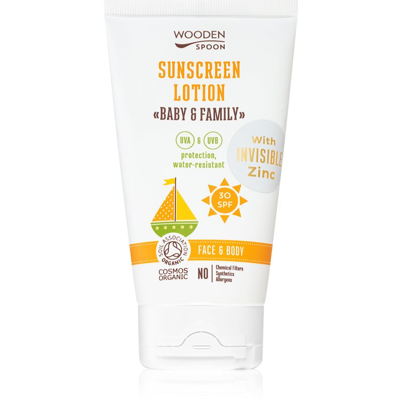 WoodenSpoon Opalovací tělové mléko v tubě Baby & Family SPF 30, 150 ml
