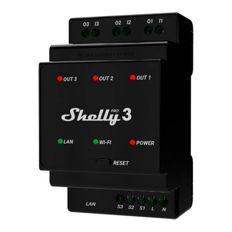Shelly Pro 3 DIN Rail 3-channel Relay, WiFi/LAN Černá