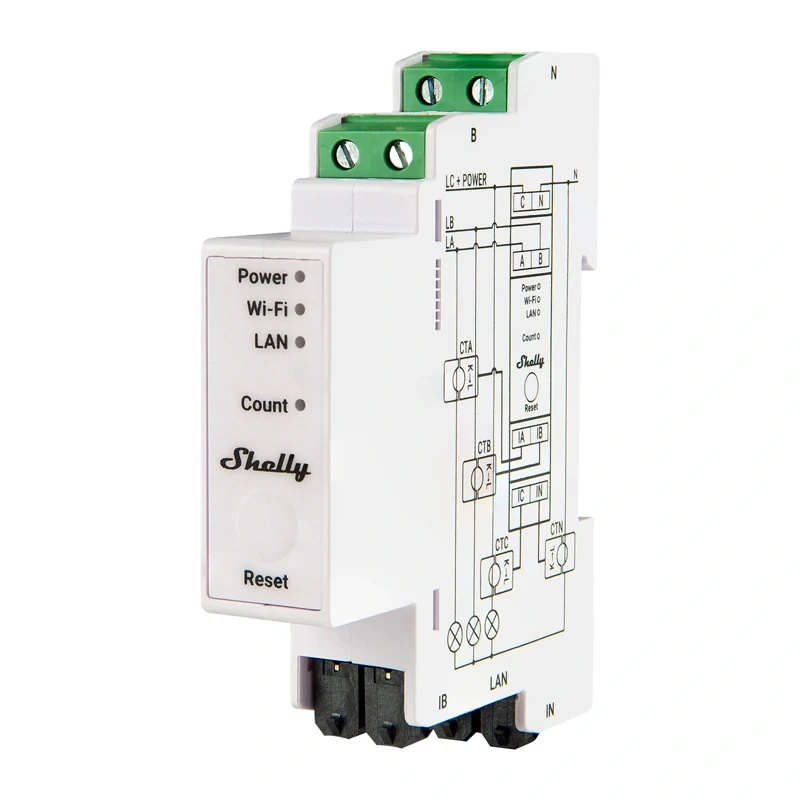 Elektroměr Shelly PRO 3EM 120A s 3 výstupy, podporou WiFi, Bluetooth a Matter