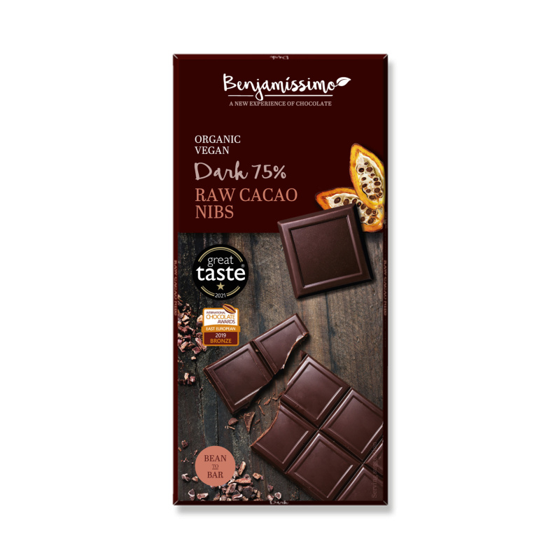 Benjamissimo Hořká čokoláda 75% s RAW kousky kakaa, 70g
